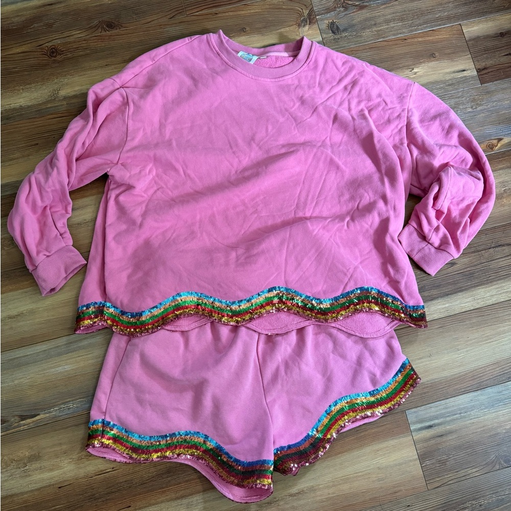 Queen Of Sparkles Wavy Sweater Short Set Pink Rainbow Jeweled Hem Sz M/L